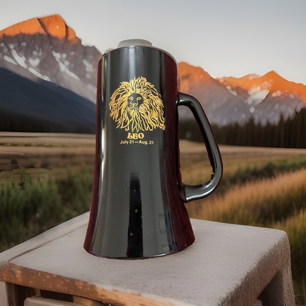 Vintage LEO Zodiac Gold Foil Lion Black Cup Astrology Celestial Beer Stein Mug